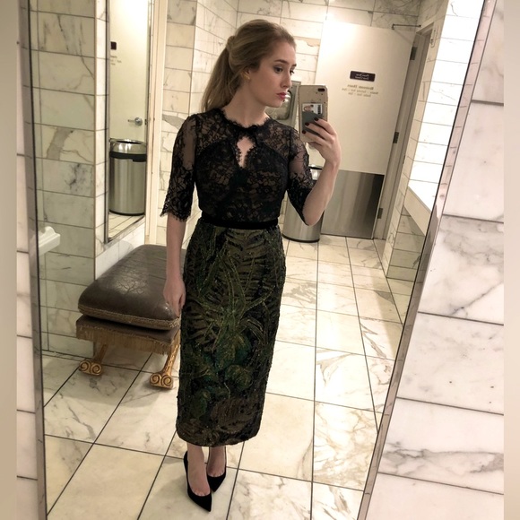 Marchesa Notte Black Lace Evening Gown with Sequin Skirt - Picture 3 of 4